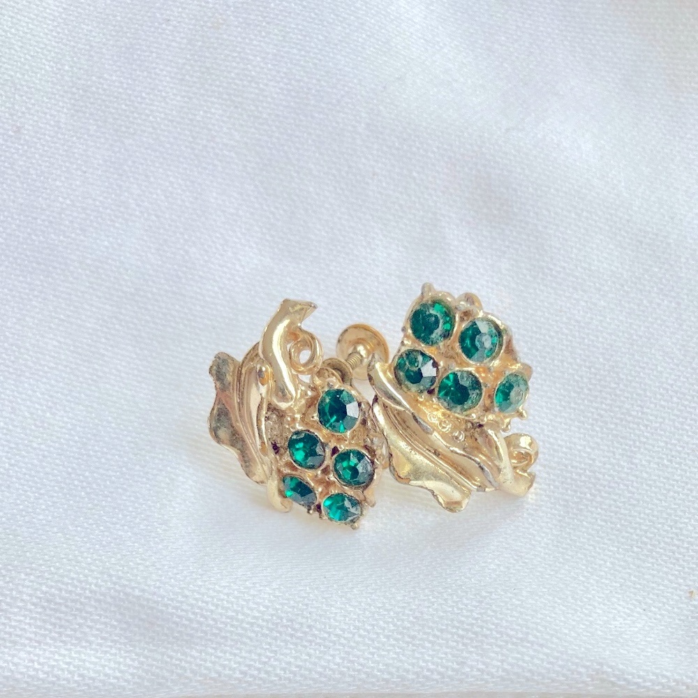 Emerald Green Rhinestones on Grape Leaf Earrings